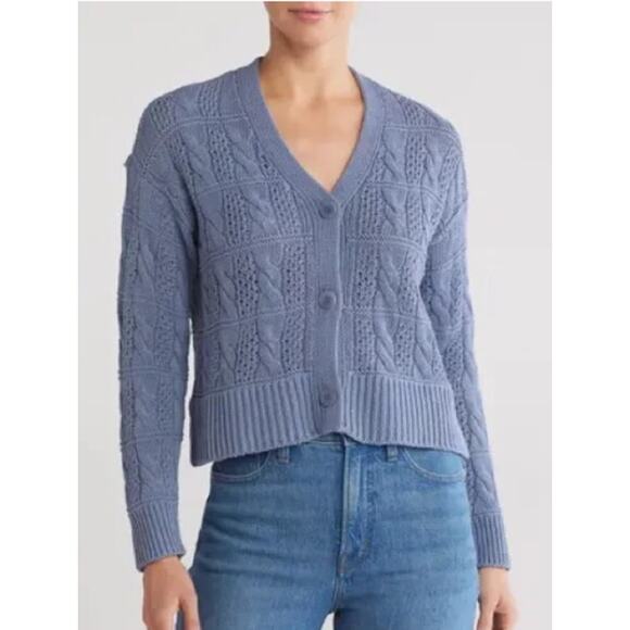 Madewell Blue Open Stitch Cable Cotton Cardigan 3-Button V-Neck Sweater - Sz Med - Picture 1 of 8